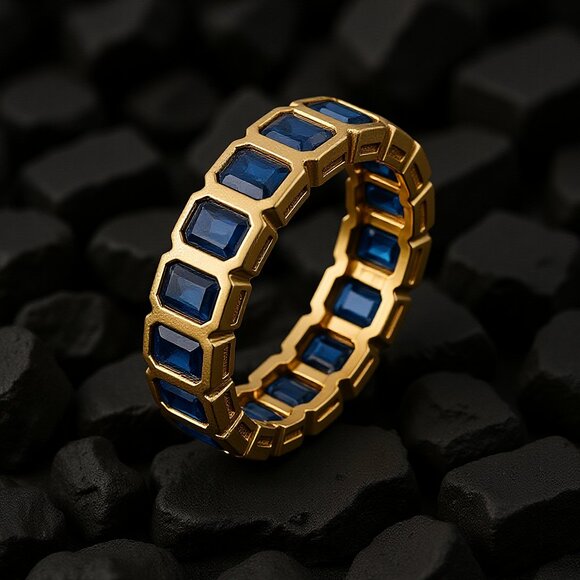 Royal Blue Emerald-Cut 14K (18k) Yellow Gold Sapphire Eternity Band Ring - Picture 4 of 6